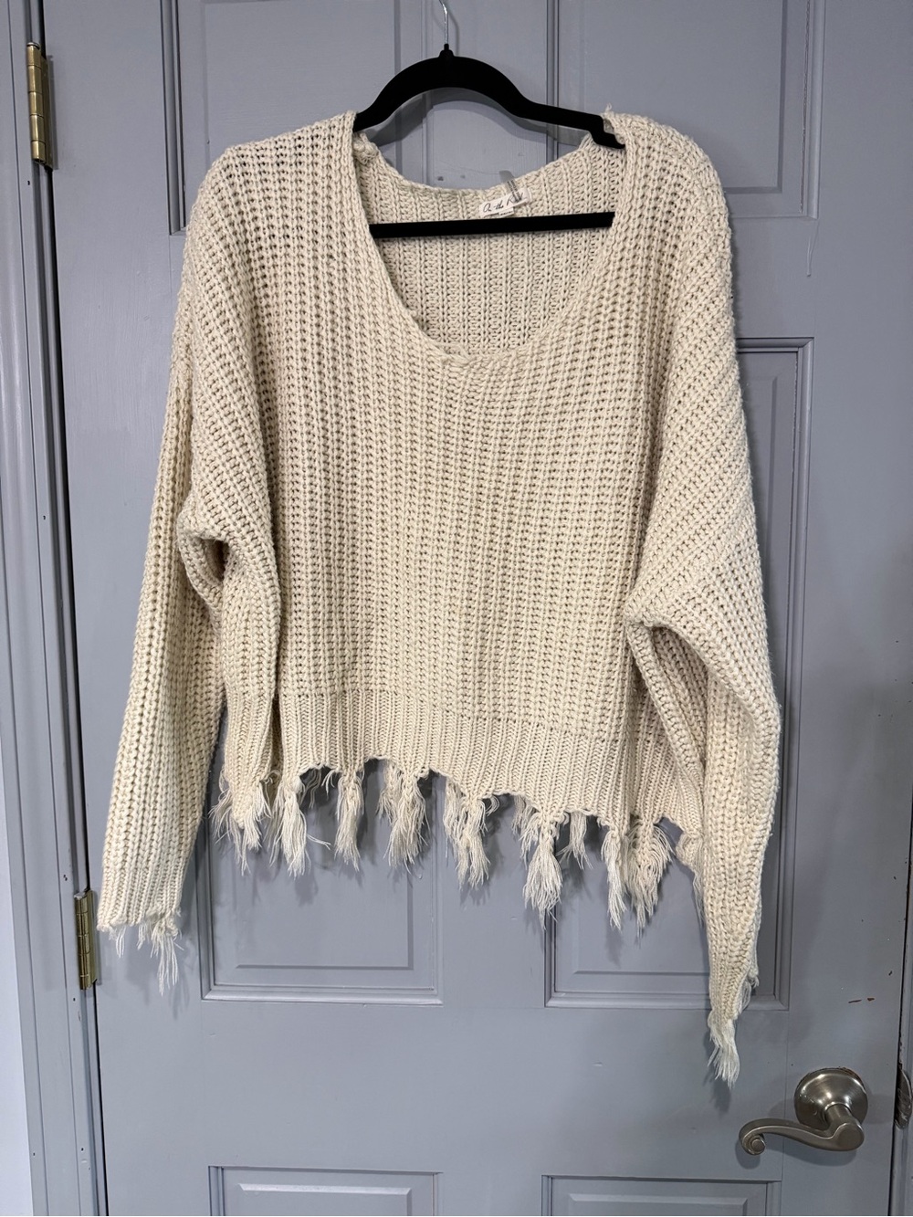 On The Road Cream Distressed Scoop-Neck Sweater